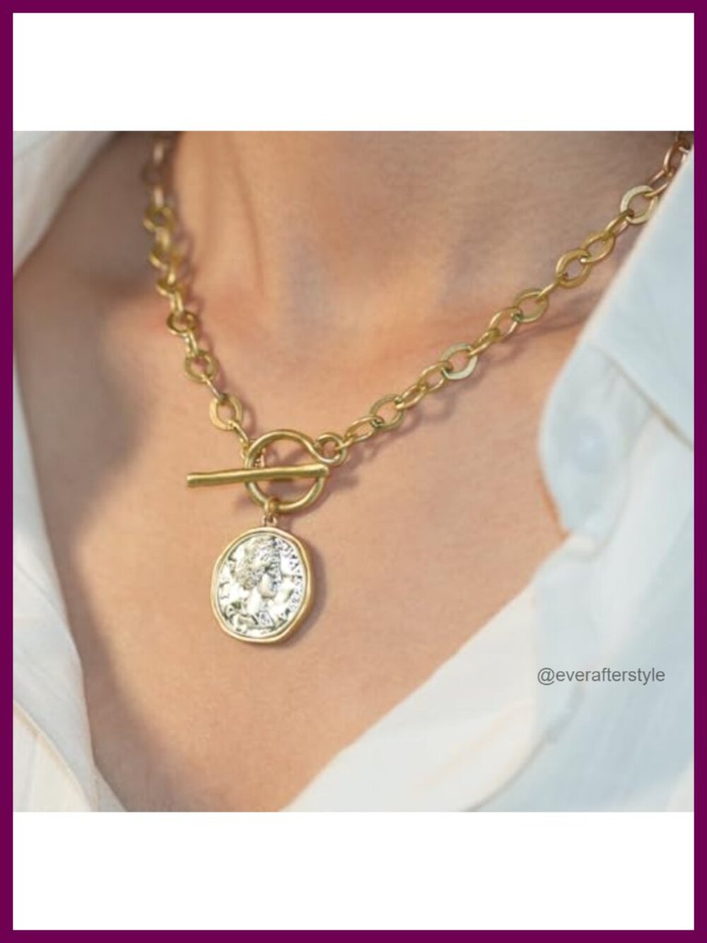 18K Gold Plated Chunky Coin Pendant Necklace, Toggle Chain - Picture 2 of 6